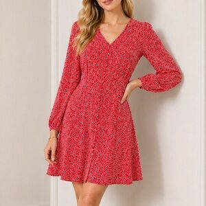 LOFT Red V‑Neck Long Sleeve A‑Line Dress